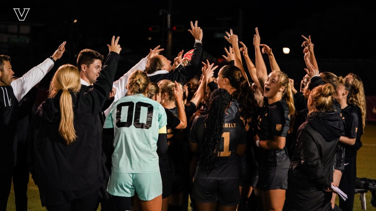 The Vanderbilt Women's Soccer team celebrates after downing No. 1 seed Florida State, as photographed on Nov. 23, 2024. (Vanderbilt Athletics)