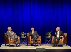 Mitch McConnell, Lamar Alexander, and John Meacham on stage speaking to the U.S. Elections course, photographed on Nov. 7, 2024. (Hustler Multimedia/Ophelia Lu)