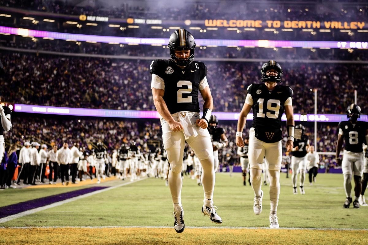 Diego Pavia poses after a touchdown against LSU, as photographed on Nov. 23, 2024. (Vanderbilt Athletics)