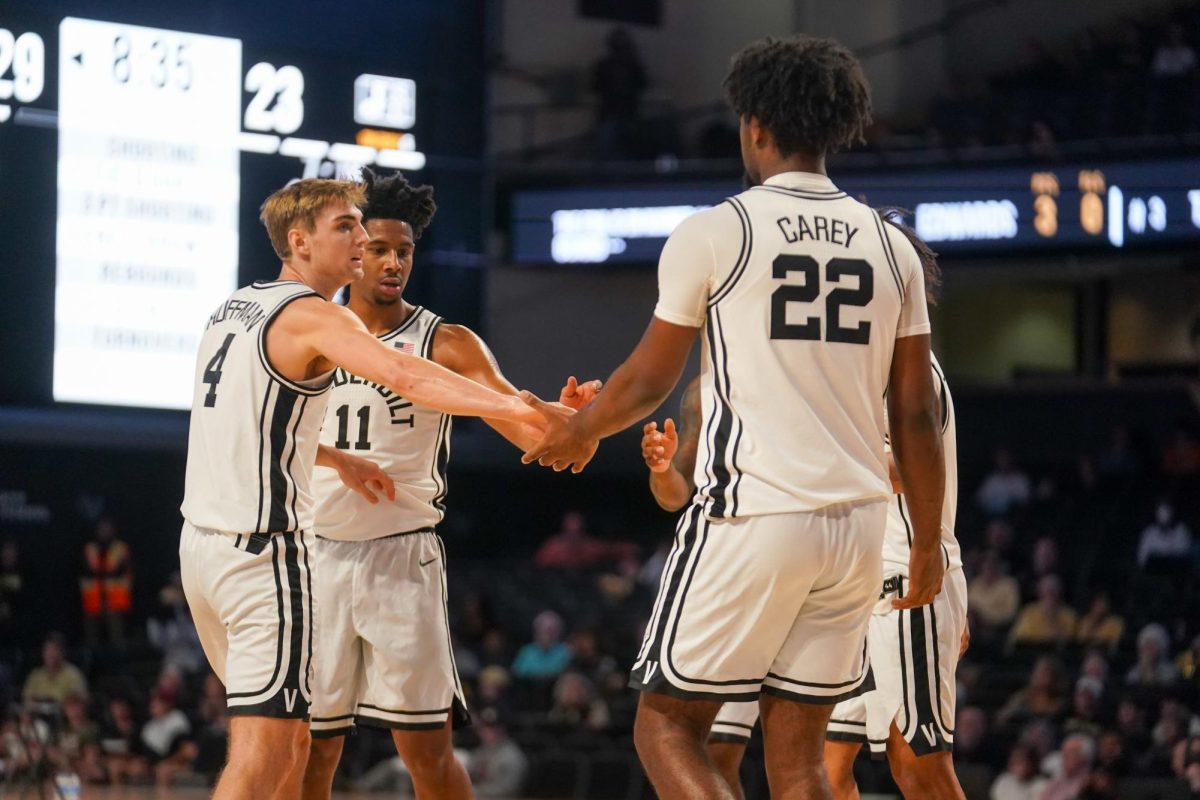 Vanderbilt Men's Basketball huddles up after a foul, as photographed on Nov. 16, 2024. (Hustler Multimedia/Connor Campbell)