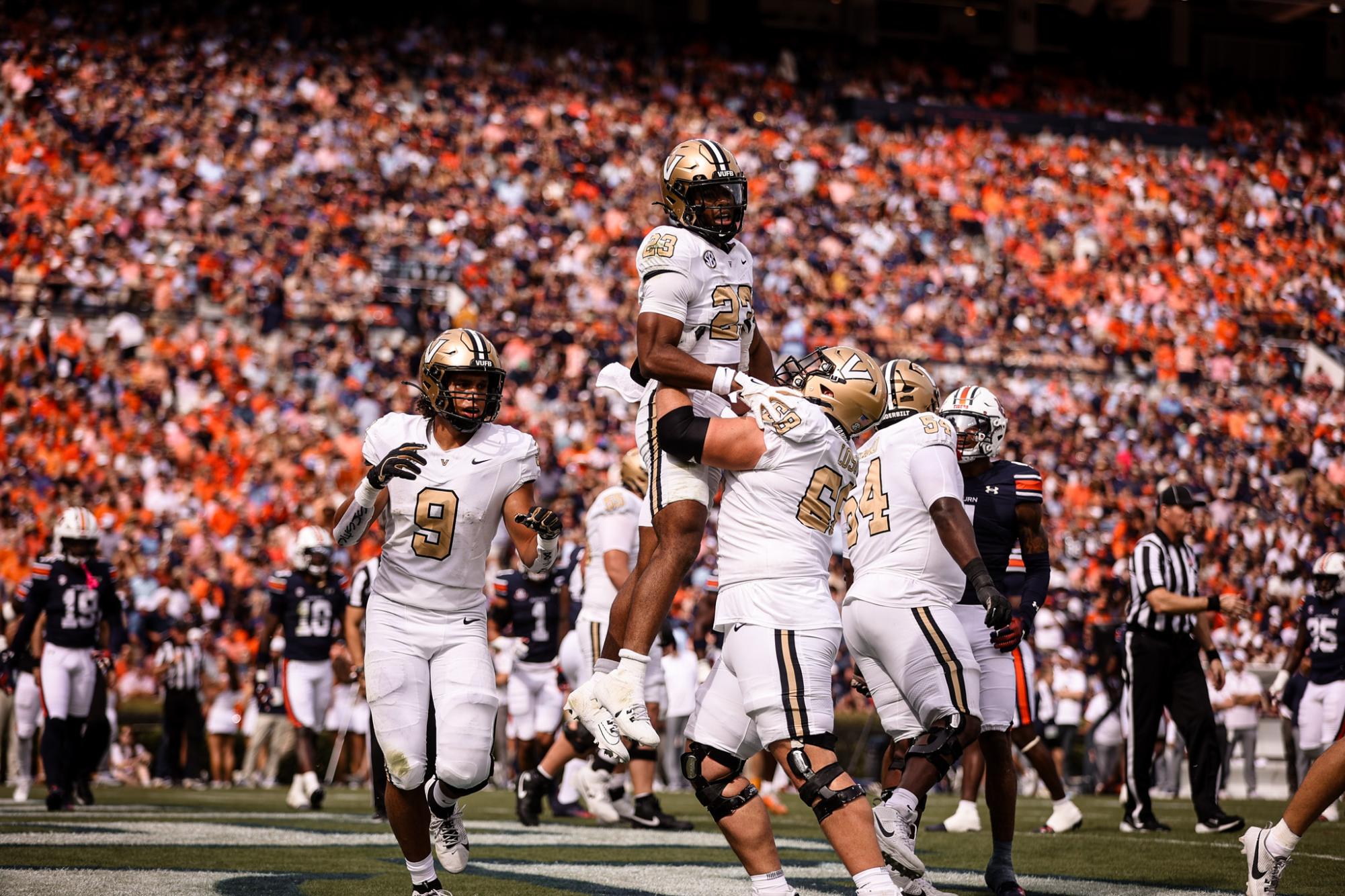 AJ Newberry celebrates a touchdown catch against Auburn, as photographed on Nov. 2, 2024. (Vanderbilt Athletics)