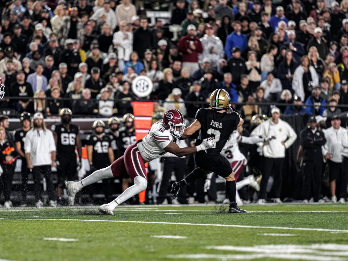 Diego Pavia being tackled against South Carolina, as photographed on Nov. 9, 2024. (Hustler Multimedia/Harmony Wang)