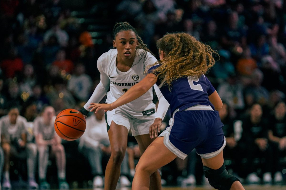 Vanderbilt's Mikayla Blakes is guarded by Lipscomb's Elena Bertrand as captured on Nov. 4, 2024. (Hustler Multimedia/Savannah Walske)