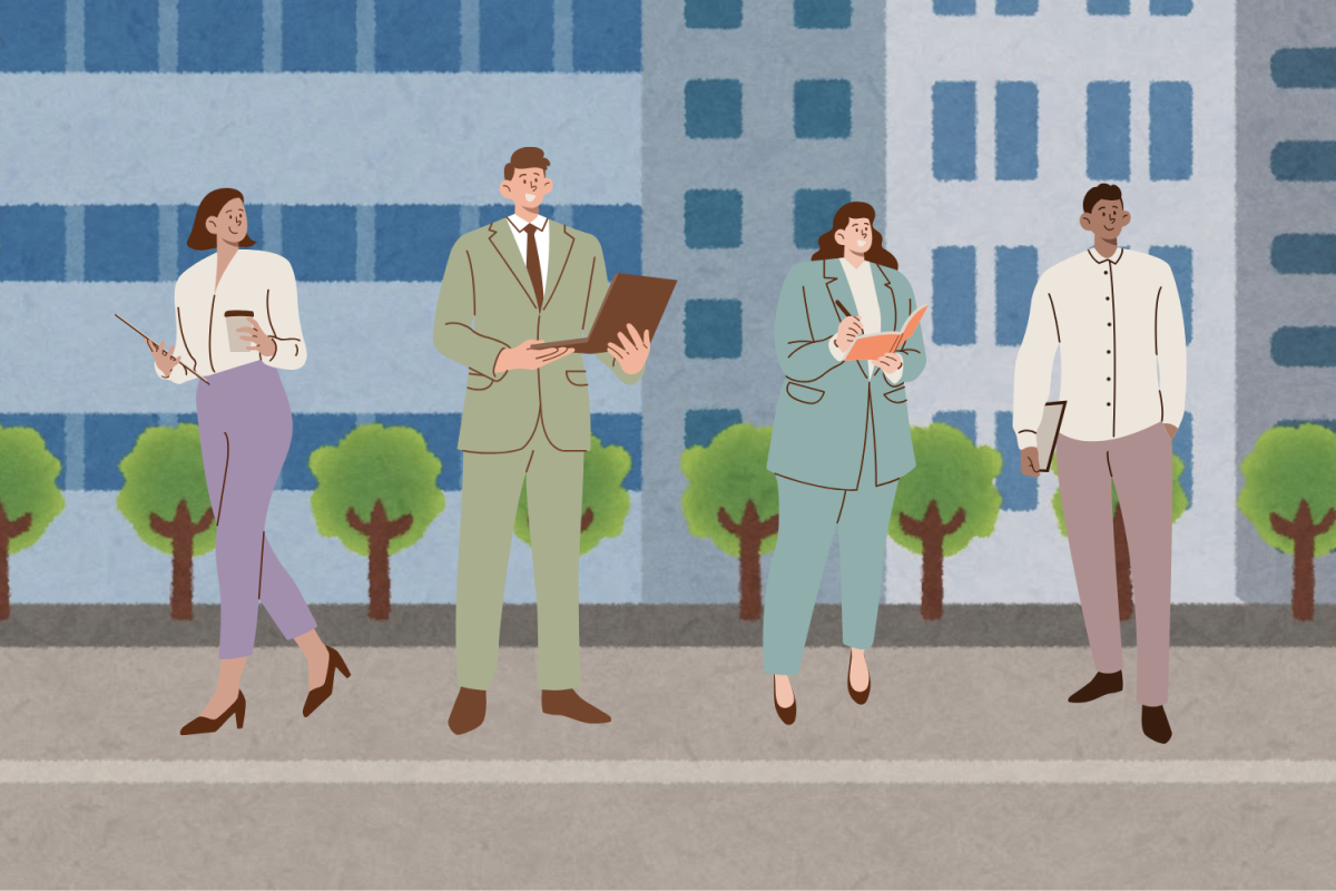 Graphic depicting four people dressed in business attire with varying levels of formality. (Hustler Multimedia/Lexie Perez)