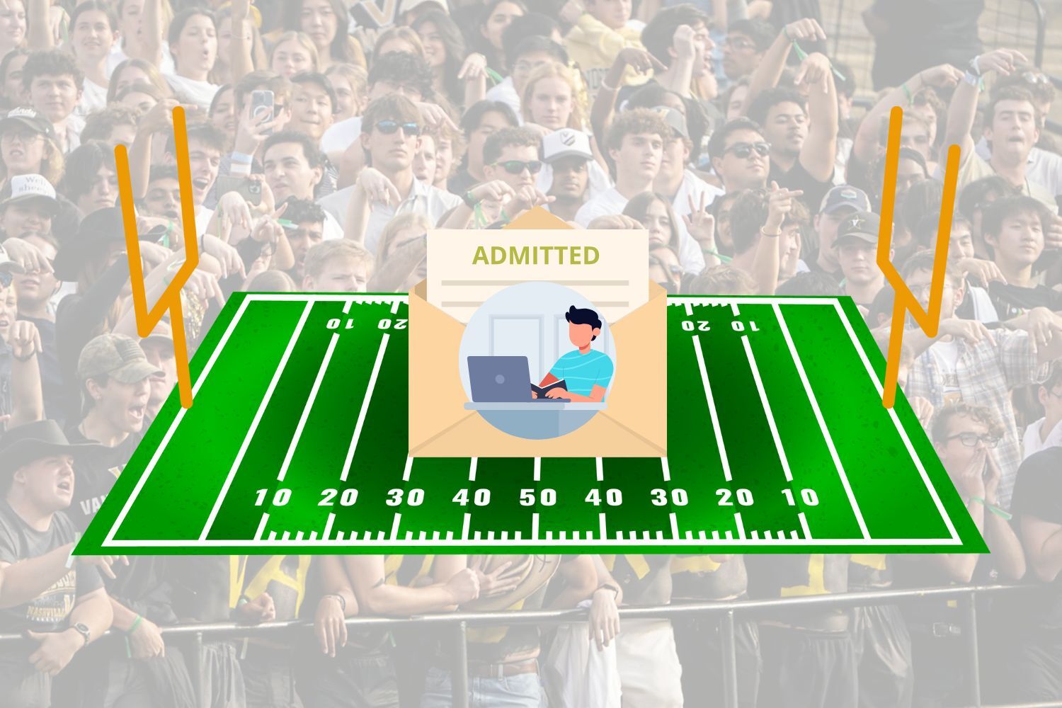 A college admissions letter is pictured on a football field graphic. Both of these graphics lie on a background featuring a packed student section at a Vanderbilt football game. (Hustler Multimedia/Jorie Fawcett)