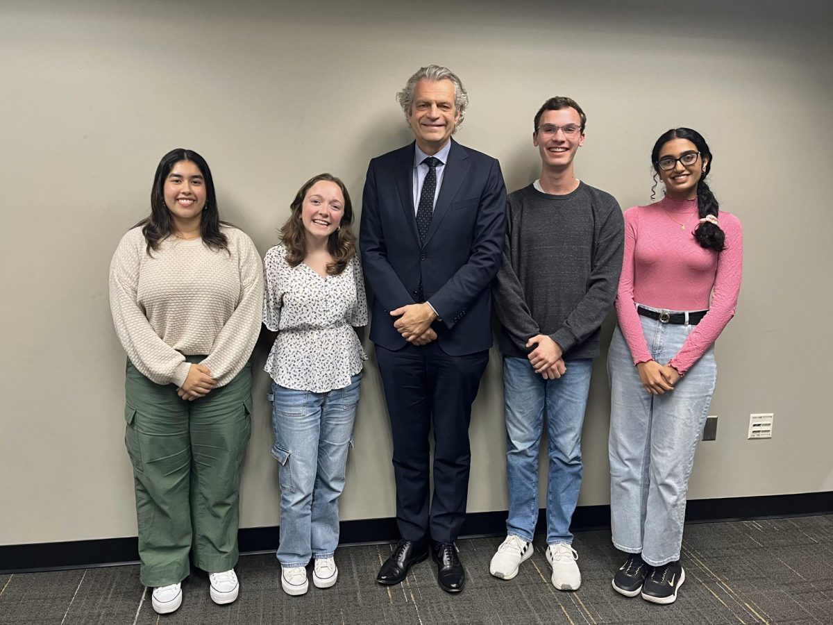 From left to right, Tasfia Alam, Alison Winters, Chancellor Daniel Diermeier, Jacob Stoebner and Swarada Kulkarni, as photographed on Nov. 18, 2024. (Photo courtesy of Julia Jordan)
