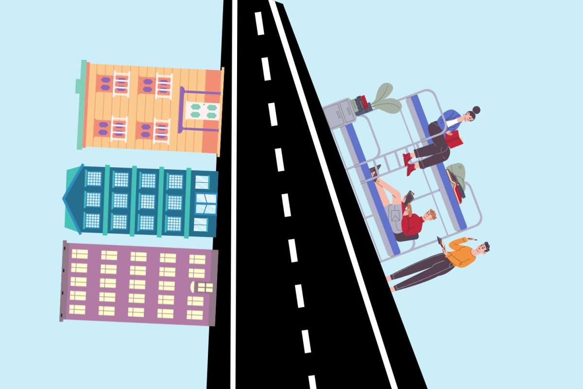 A graphic depicting three multicolored houses on the left side of a road and three students with a bunk bed on the right side of the road. (Hustler Multimedia/Jorie Fawcett)