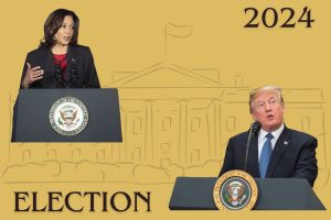 A graphic depicting 2024 presidential candidates Kamala Harris and Donald Trump. (Hustler Staff/Jorie Fawcett)