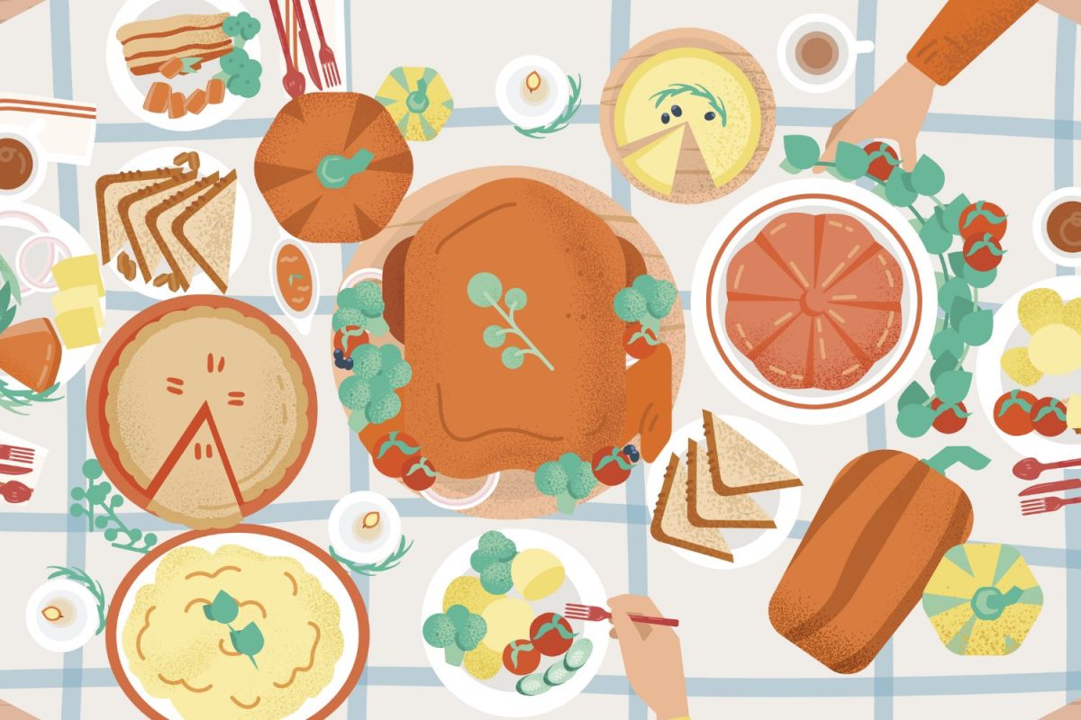 Graphic of a festive holiday feast consisting of turkey, pies and numerous other dishes. (Hustler Multimedia/Jorie Fawcett)