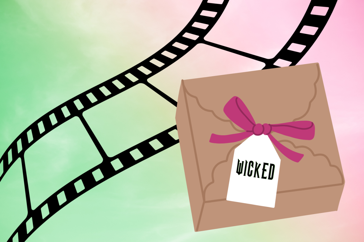 Graphic depicting package with "Wicked" tag in front of black filmstrip on green and pink background. (Hustler Multimedia/Abby Hoelscher)