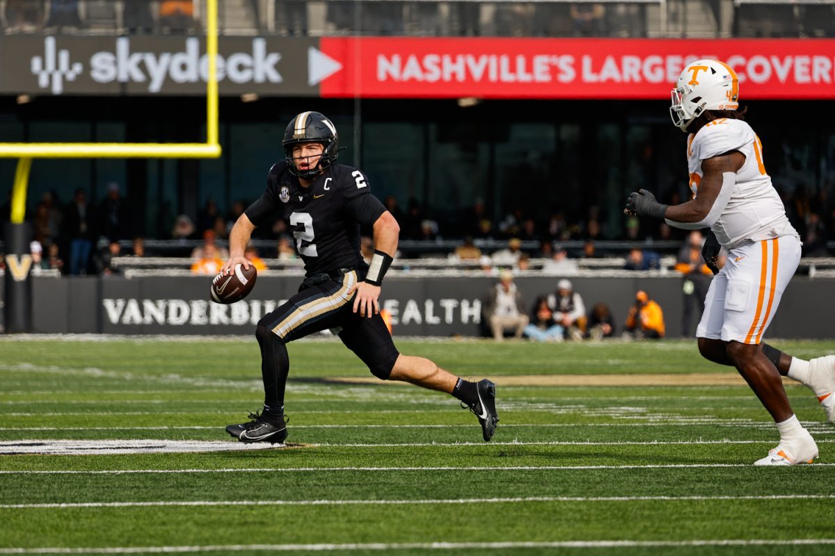 Diego Pavia scrambles while looking for a receiver down-field in the Tennessee game, as photographed Nov. 30, 2024. (Hustler Multimedia/Barrie Barto)