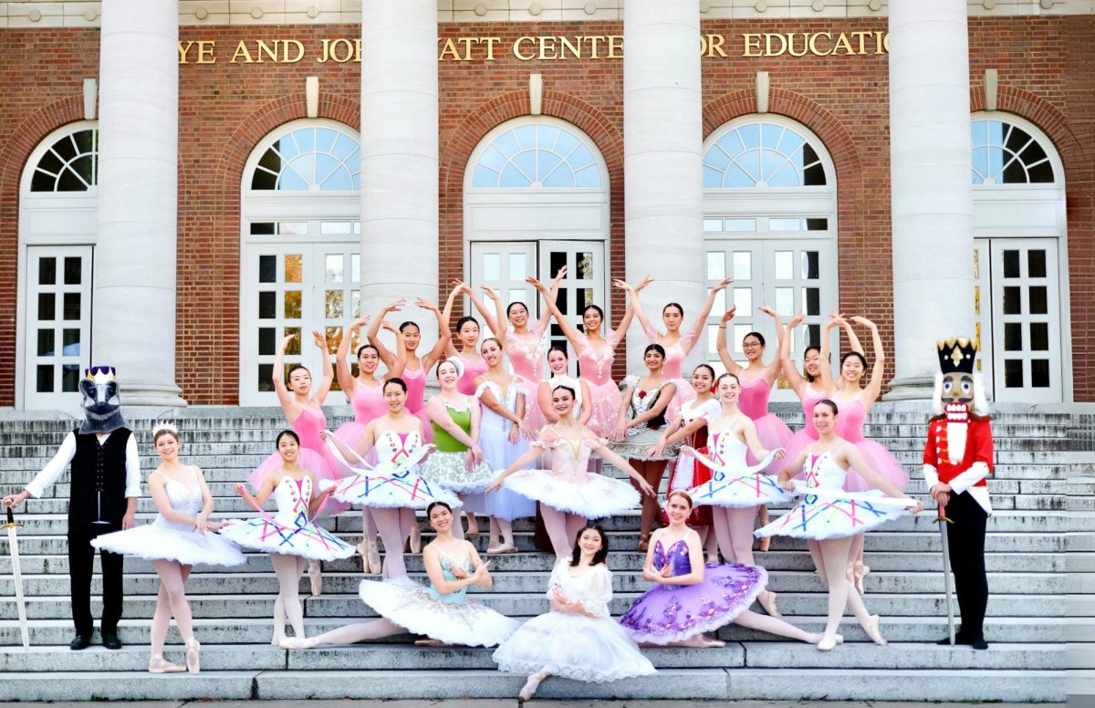 The cast of Vanderbilt Ballet Theater in their costumes for “The Nutcracker” on the stairs of the Wyatt Center. (Photo courtesy of Raney Yang)