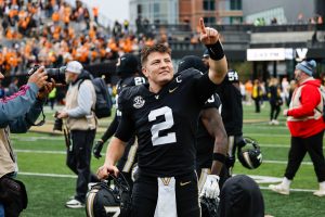 Diego Pavia points up into the student section after the game against Tennessee, as photographed Nov. 30, 2024. (Hustler Multimedia/Barrie Barto)