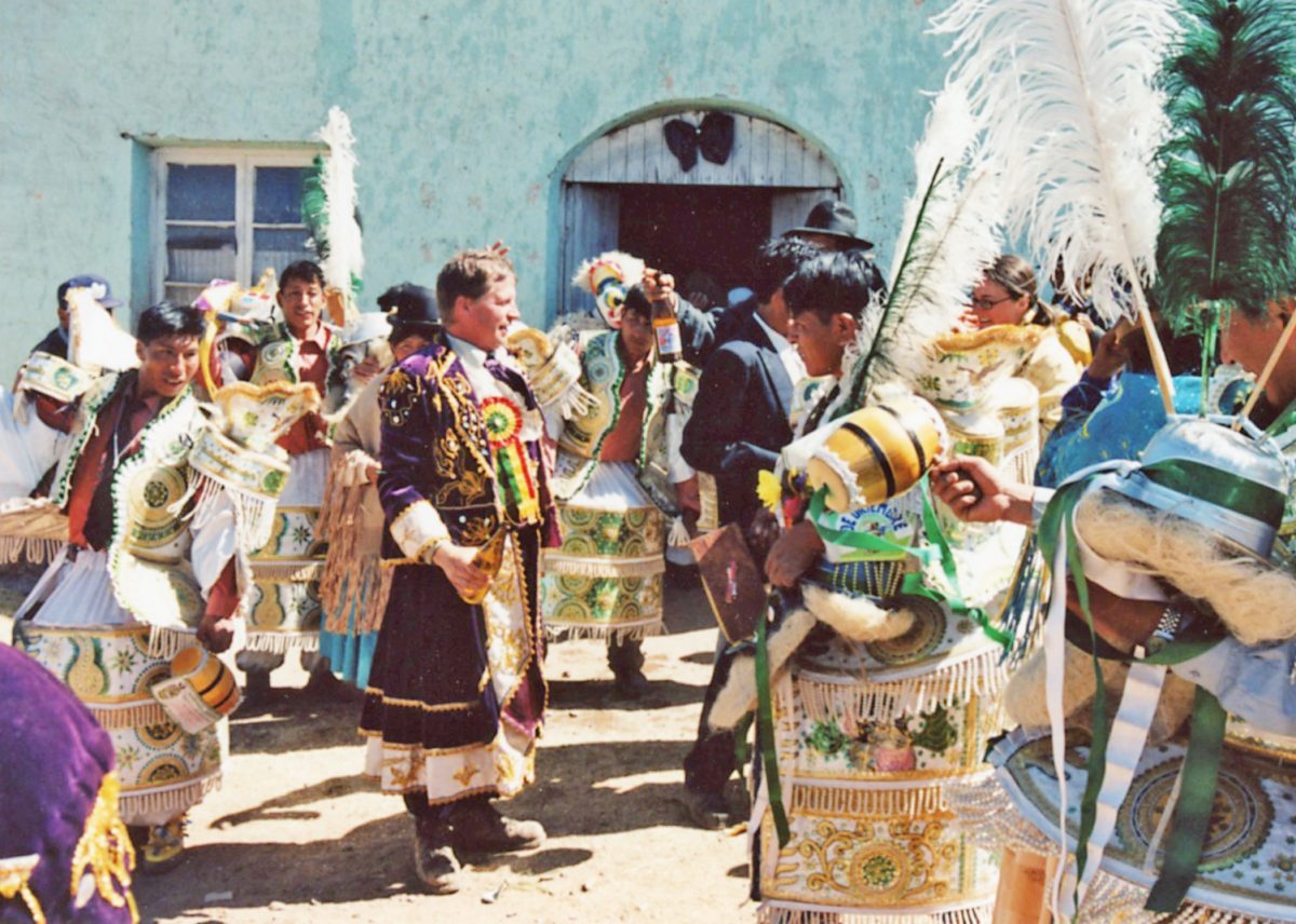 Professor John Janusek wearing a traditional costume during a festival in the town of Qhunqhu Liqiliqi, Bolivia, as photographed circa 2007. (Photo courtesy of Jenni Ohnstad)