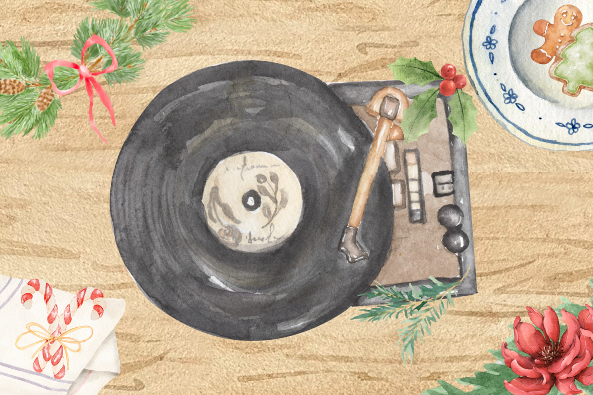 Graphic depicting a record player with Christmas decorations and paraphernalia. (Hustler Multimedia/Lexie Perez)