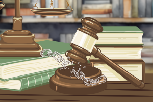 Graphic depicting a gavel shattering a metal chain, with the scales of justice in the background. (Hustler Multimedia/Lexie Perez)