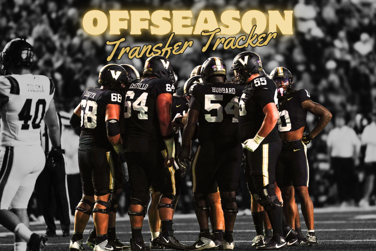 Vanderbilt's offensive line huddles up. (Hustler Multimieda/Lexie Perez)