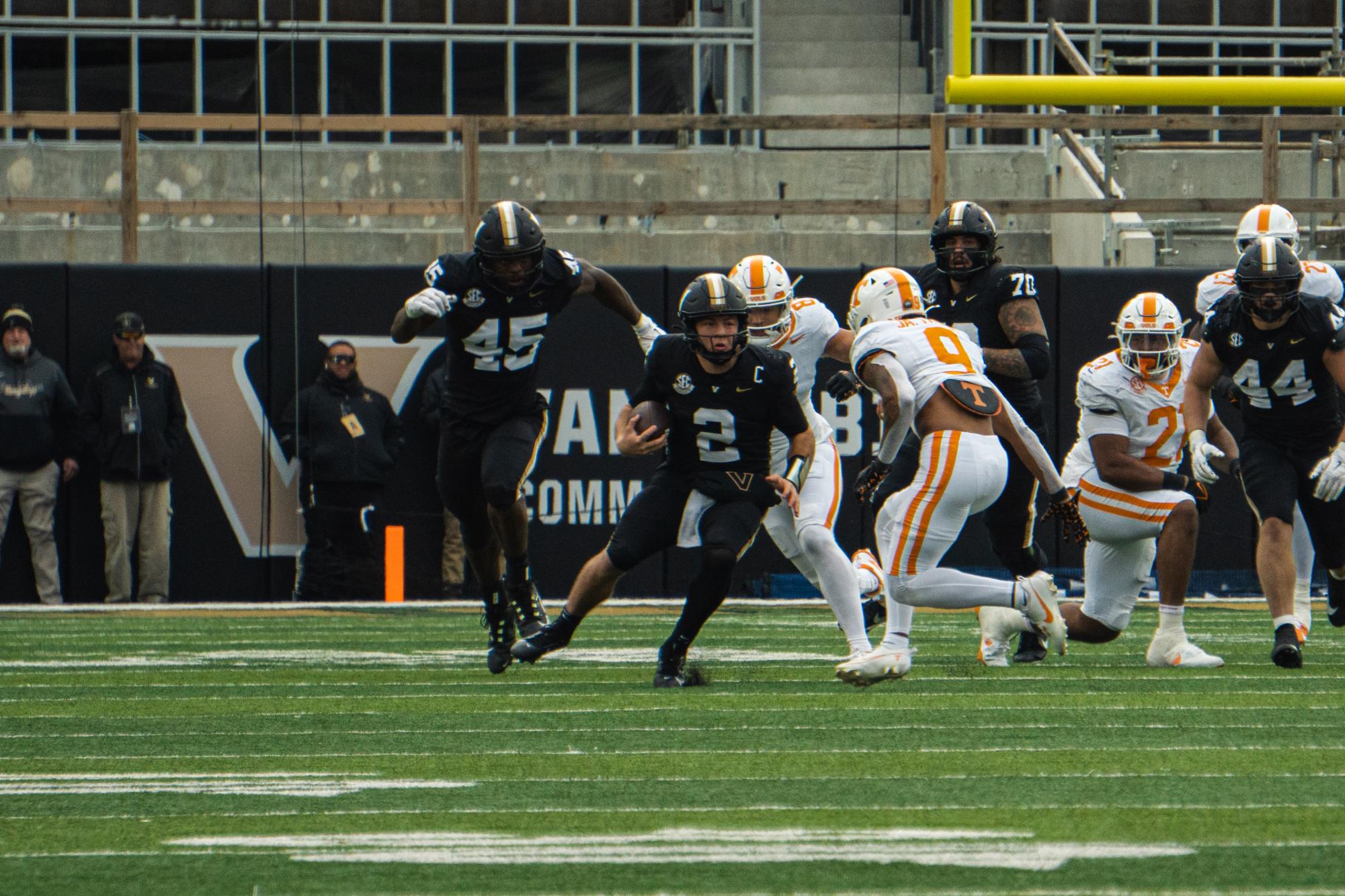 Diego Pavia braces for a hit against Tennessee, as photographed on Nov. 30, 2024. (Hustler Multimedia/Vince Lin)