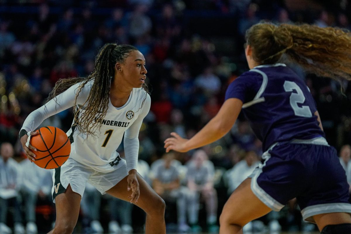 Vanderbilt's Mikayla Blakes is guarded by Lipscomb's Elena Bertrand, as captured on Nov. 4, 2024. (Hustler Multimedia/Savannah Walske)