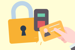 Graphic depicting a person scanning their identification card onto a card reader. The card reader displays a red and a green light. Next to the reader is a large lock. (Hustler Multimedia/Sam El-Shammaa)