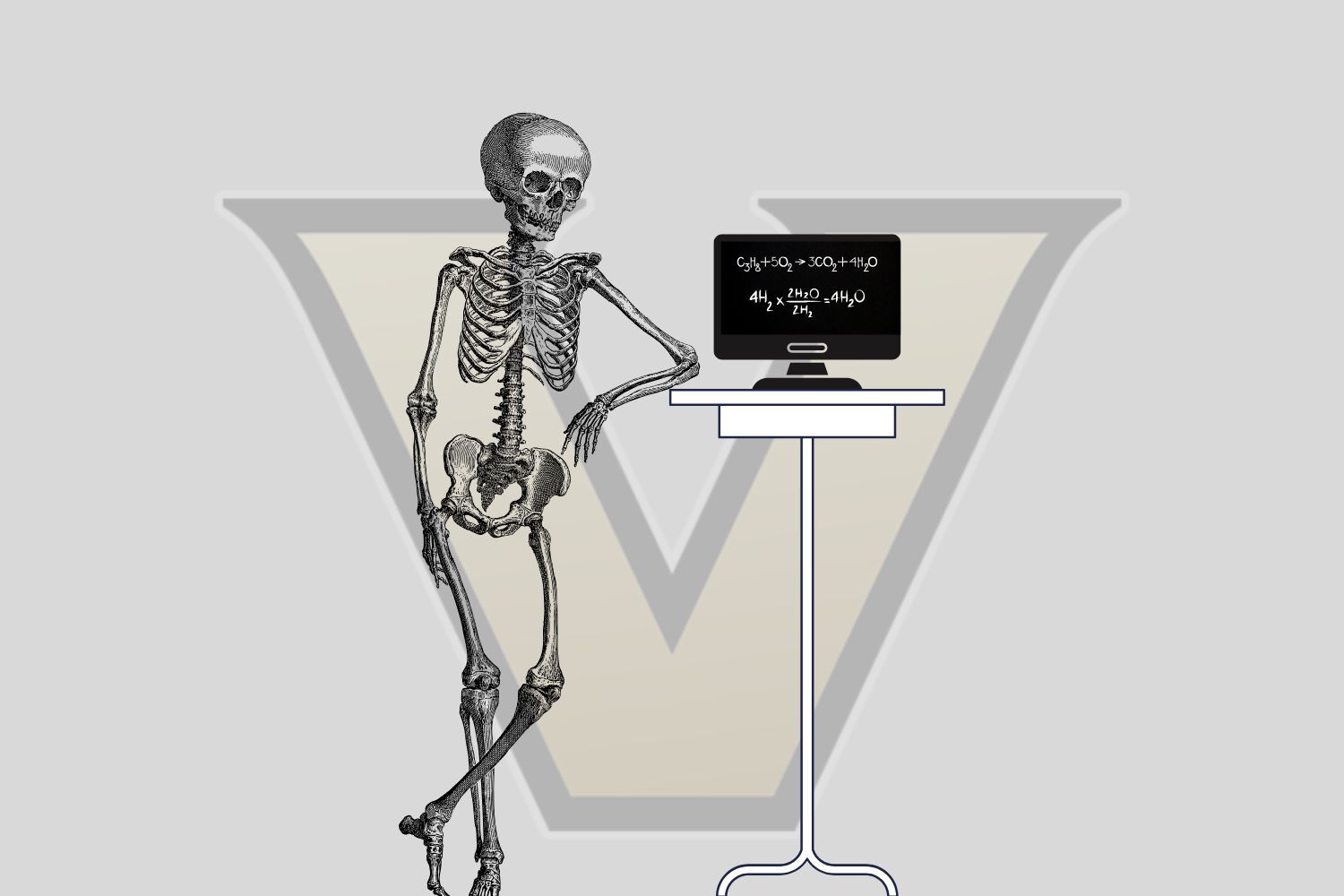 Graphic depicting a skeleton looking tiredly at a computer screen containing a chemical equation. (Hustler Staff/Jorie Fawcett)