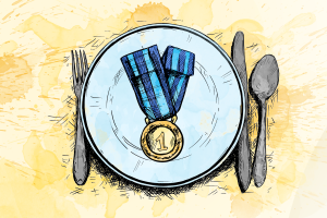 Graphic of a first-place medal on a table setting. (Hustler Multimedia/Sofia El-Shammaa)