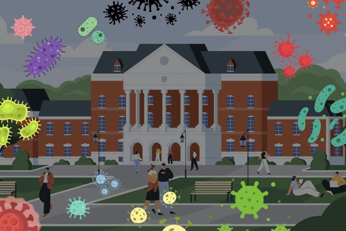 Graphic depicting students milling about on a college campus riddled with germs. (Hustler Multimedia/Pearl Zhang)