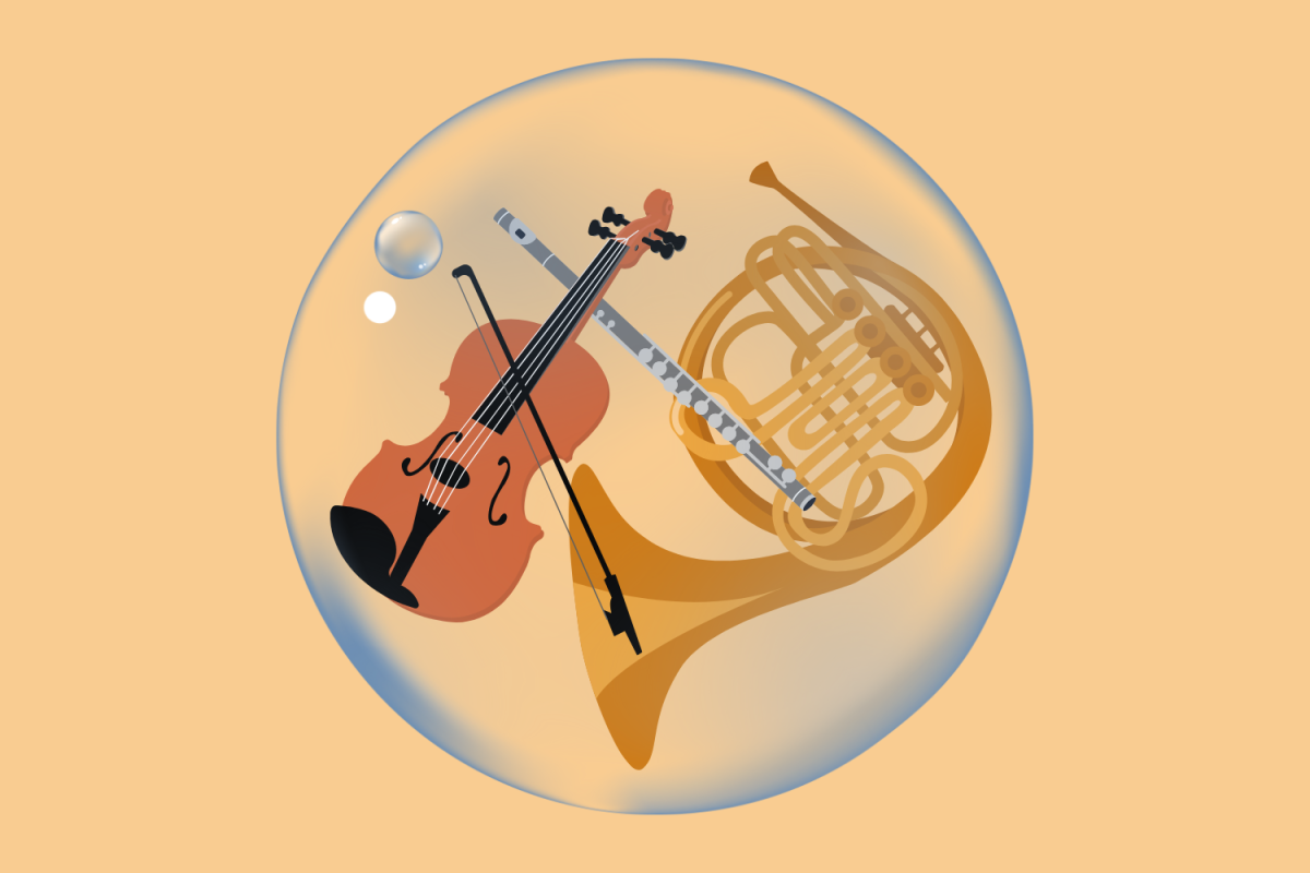 A graphic depicting a violin, its bow, a flute and a french horn inside a bubble. (Hustler Multimedia/Zarrin Zahid)