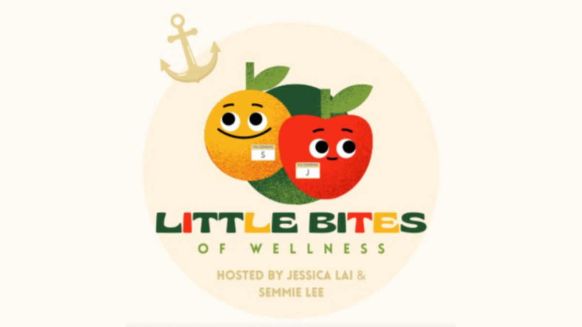 'Little Bites of Wellness' podcast cover photo with two apples, an anchor and colorful words. (Hustler Multmedia/Semmie Lee)