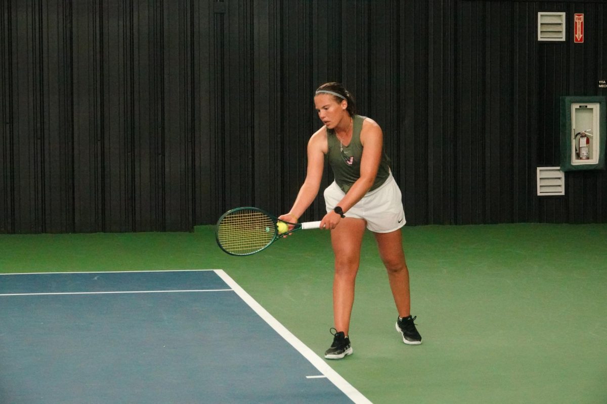 A Vanderbilt Women's Tennis player serves, as photographed on Oct. 26, 2024. (Hustler Multimedia)