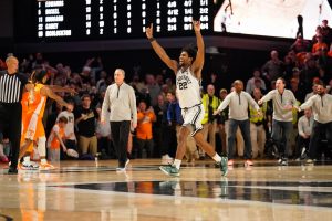 Jaylen Carey celebrates a win against No. 6 Tennessee, as photographed on Jan. 19, 2024. (Hustler Multimedia/Connor Campbell)