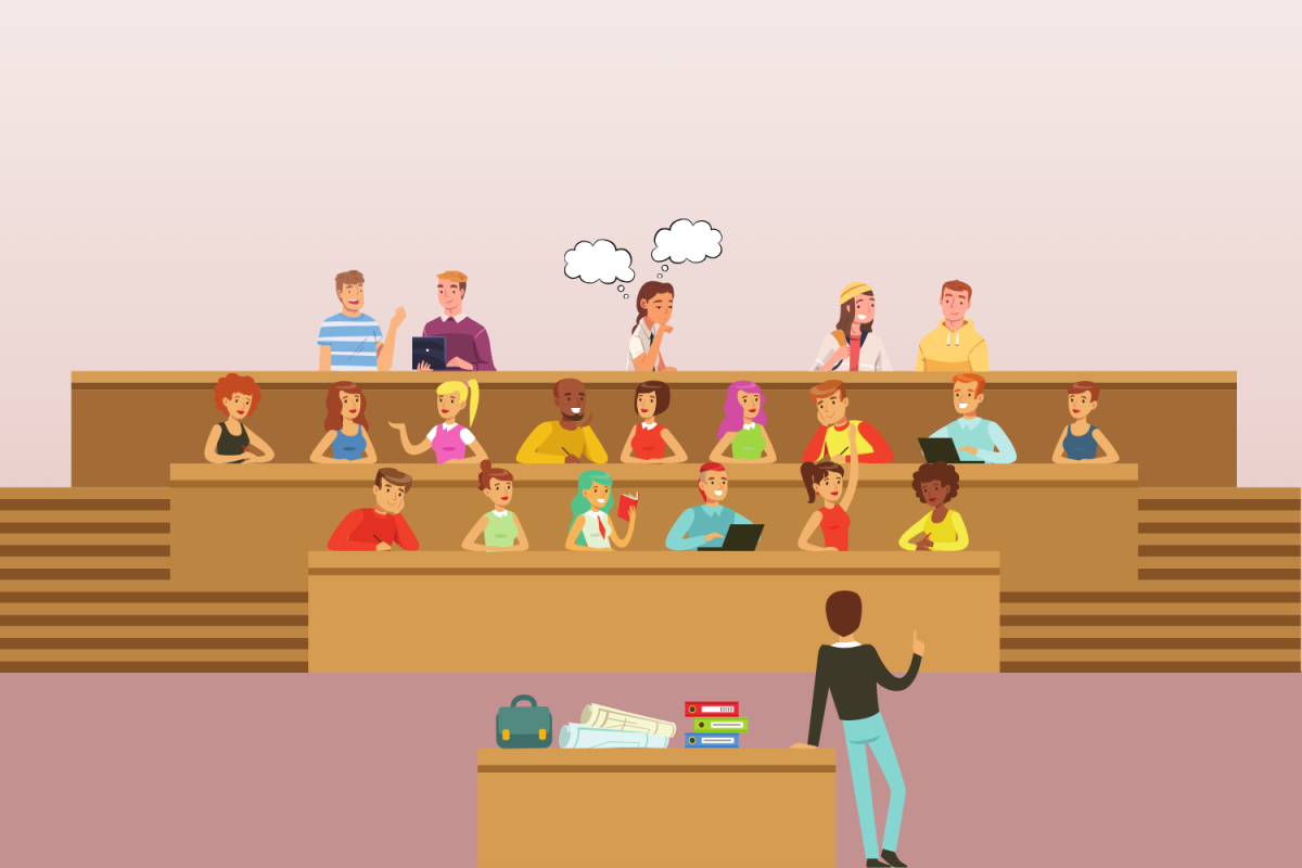 Graphic depicting a lecture hall filled with students speaking to one another. One student daydreams in the top row.(Hustler Multimedia/Matthew Ye)