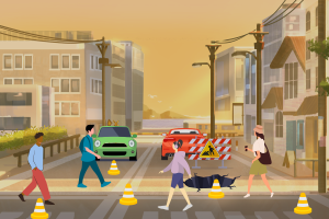 A graphic depicting four people walking in a crosswalk. The crosswalk is riddled with holes, traffic cones and caution signs. (Hustler Multimedia/Pearl Zhang)