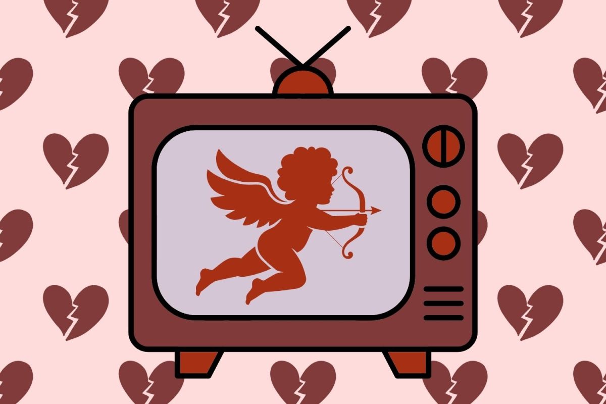 Graphic depicting broken hearts surrounding Cupid on a TV screen. (Hustler Multimedia/Jorie Fawcett)