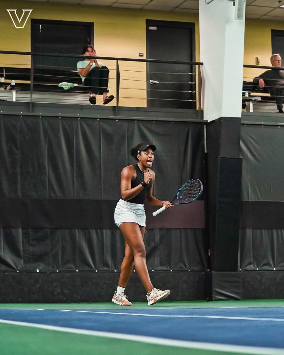 Vanderbilt’s Celine-Belle Mohr celebrates a victory, as photographed on Feb. 14, 2025. (Vanderbilt Athletics)