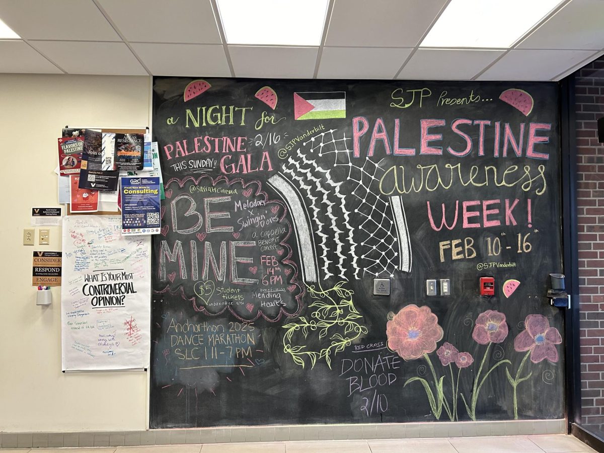 Chalkboard announcing Palestine Awareness Week in Rand Dining Hall, as photographed on Feb. 11, 2025. (Hustler Staff/Alison Winters)