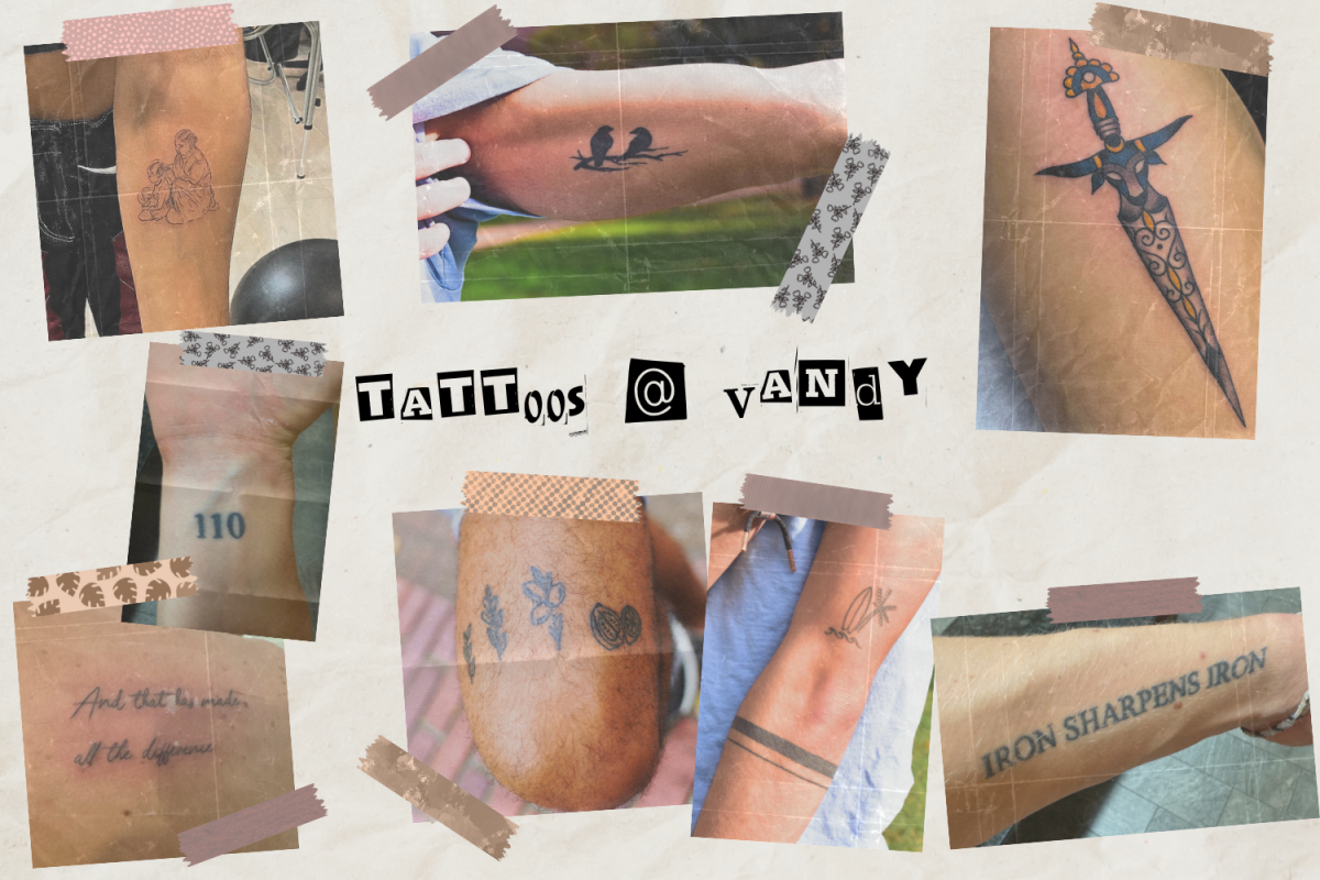 Graphic depicting a collage of students’ tattoos with “Tattoos @ Vandy” in the middle. (Hustler Multimedia/Sam El-Shammaa)