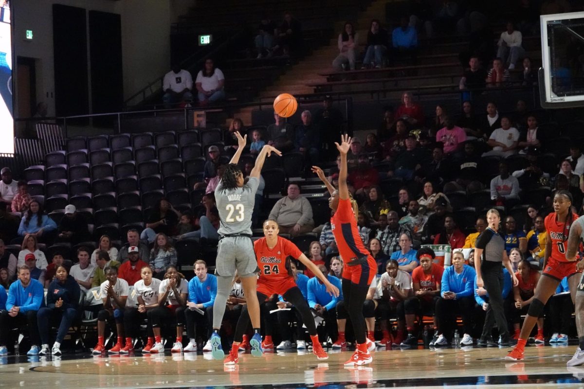 Iyana Moore takes a jump shot against Ole Miss, as captured on February 2, 2025. (Hustler Multimedia/Sambodh Sinha)