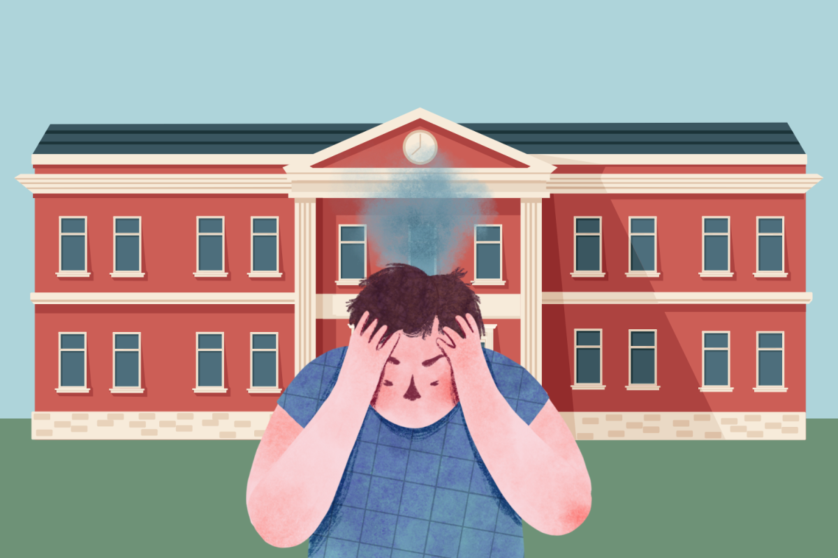 A graphic depicting a disgruntled student in front of a school building. (Hustler Multimedia/Lexie Perez)