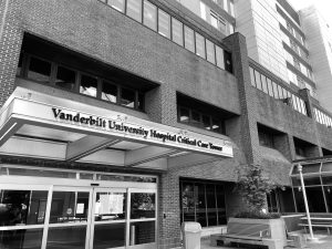 Black-and-white photograph of the Vanderbilt University Hospital Critical Care Tower, as photographed on Sept. 7, 2024. (Hustler Multimedia/George Albu)