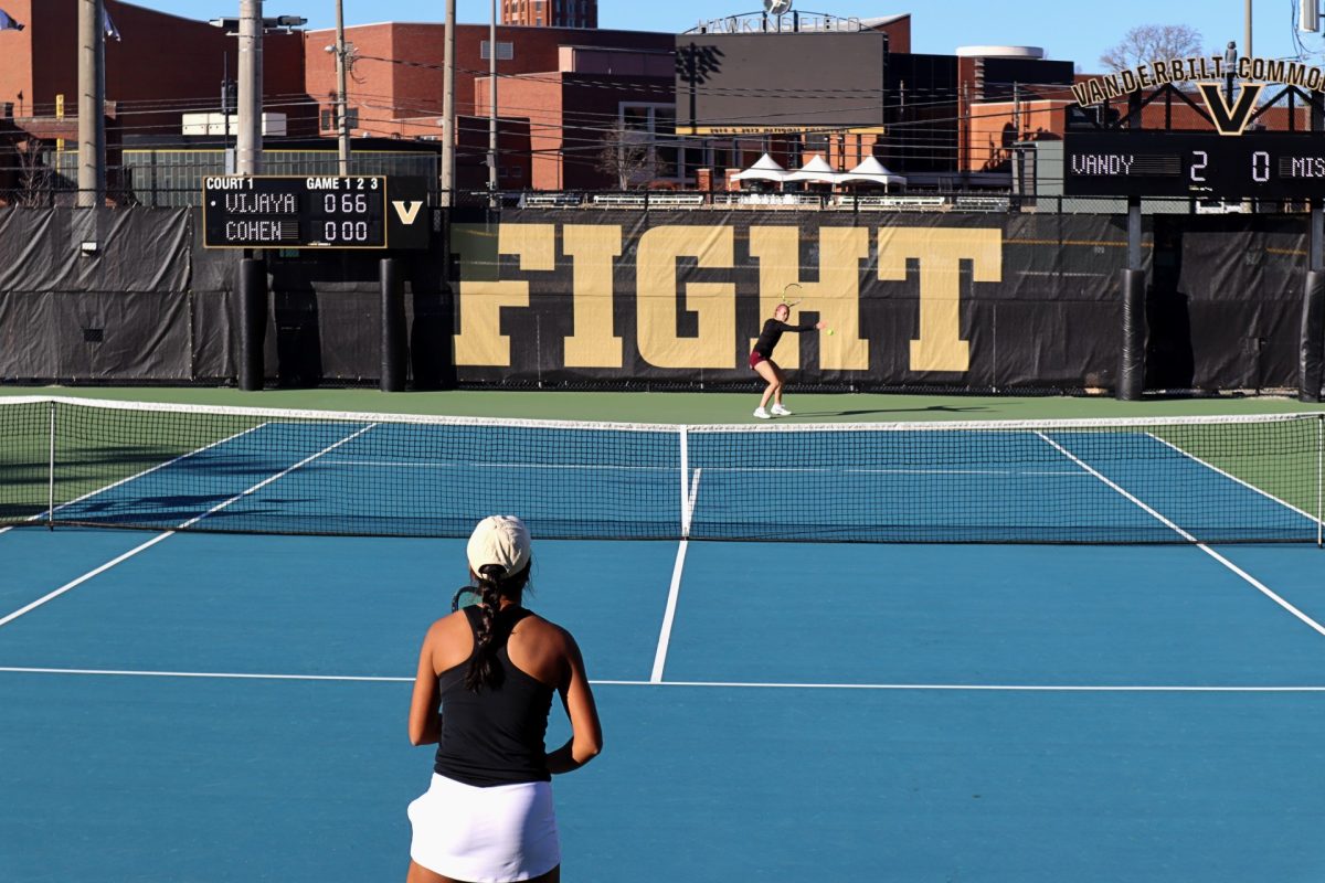 Vanderbilt’s Trinetra Vijayakumar stands ready for a serve from her opponent, as photographed on Feb. 28, 2025. (Hustler Multimedia/ Chloe Kim)