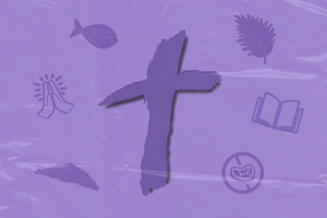 Graphic depicting a purple cross surrounded by a fish, praying hands, pile of ashes, palm leaf, open book and a crossed out piece of meat with a purple background. (Staff Writer/Kristina Trojak)