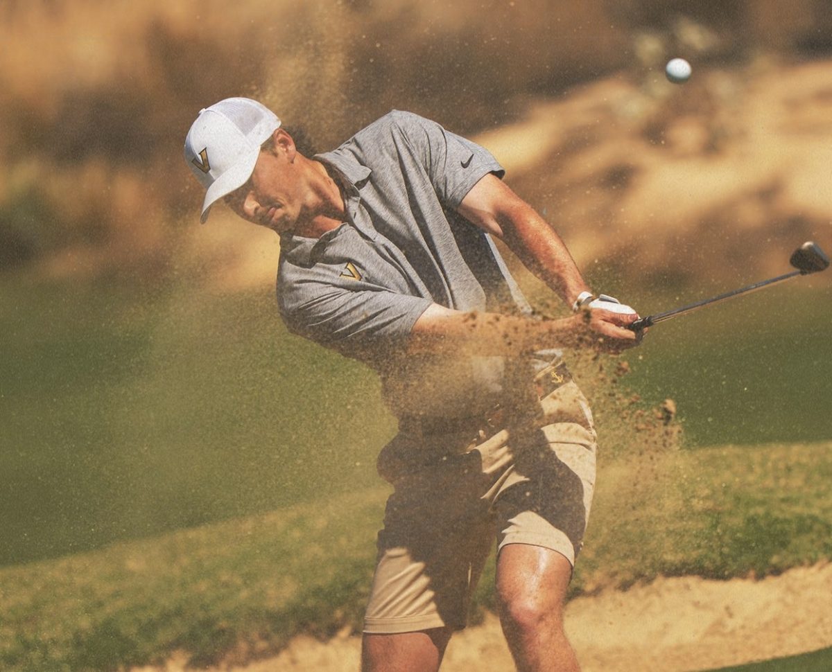 A Vanderbilt Men's Golf Player hits a ball from the sand bunker, as photographed on March 4, 2025. (Vanderbilt Athletics)