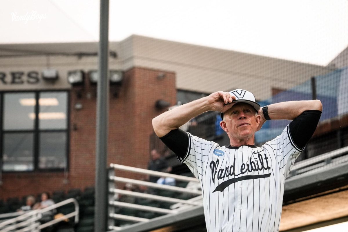 Vanderbilt Baseball head coach adjusts his cap, as photographed on May 31, 2025. (Vanderbilt Athletics)