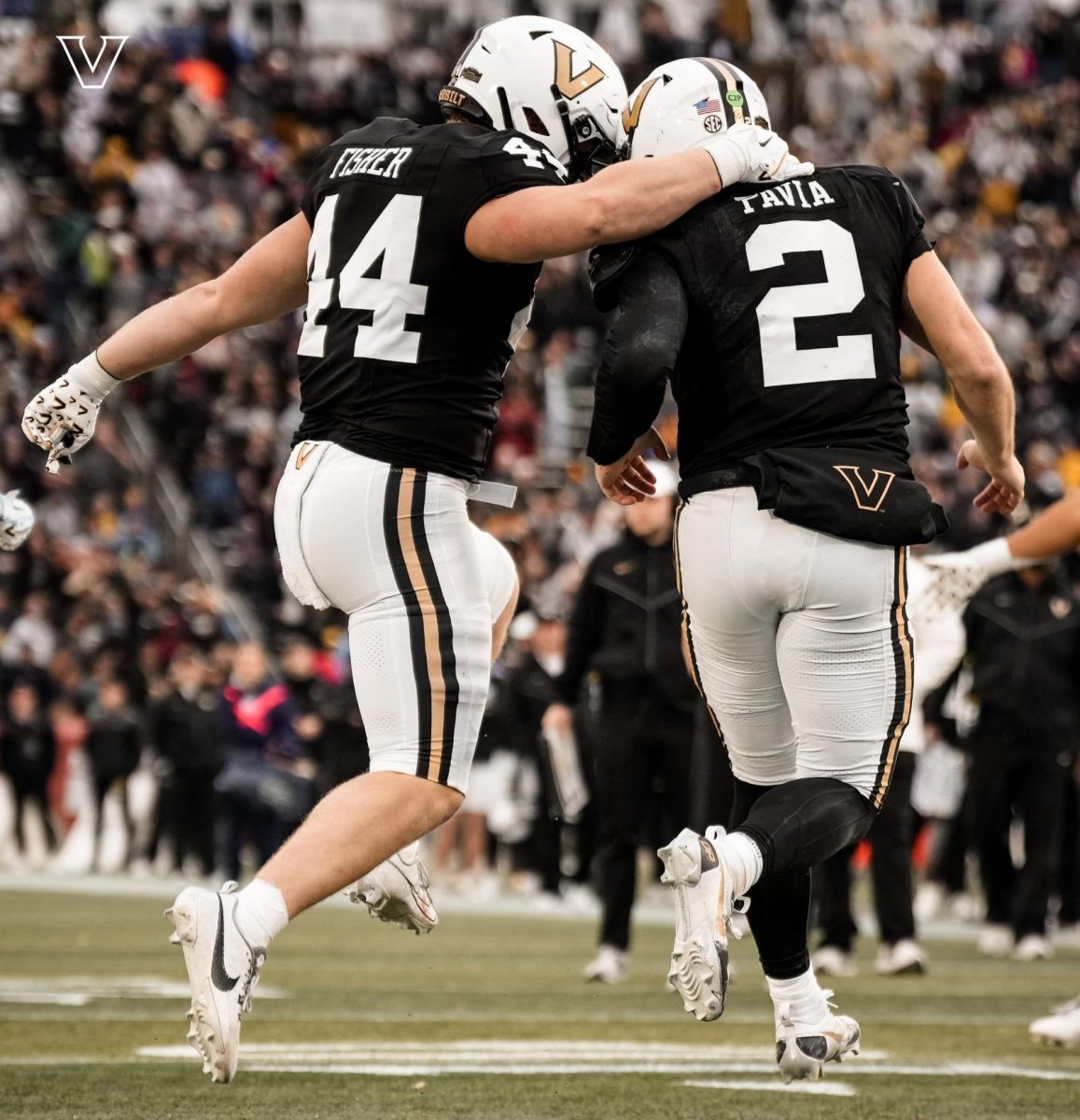 Diego Pavia and Gabe Fisher celebrate at the Birmingham Bowl, as photographed on Dec. 27, 2024. (Vanderbilt Athletics)