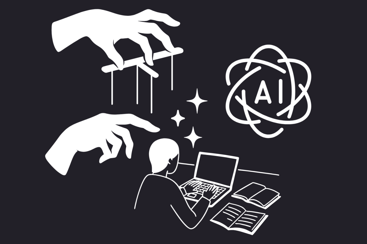 A graphic depicting a student hunched over their work while hands control strings above their head akin to puppets being controlled by AI. (Hustler Multimedia/Emily Peng)