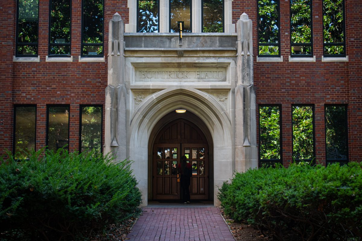 Front entrance of Buttrick Hall, as photographed on Sept. 9, 2025. (Hustler Multimedia/Savannah Walske) 