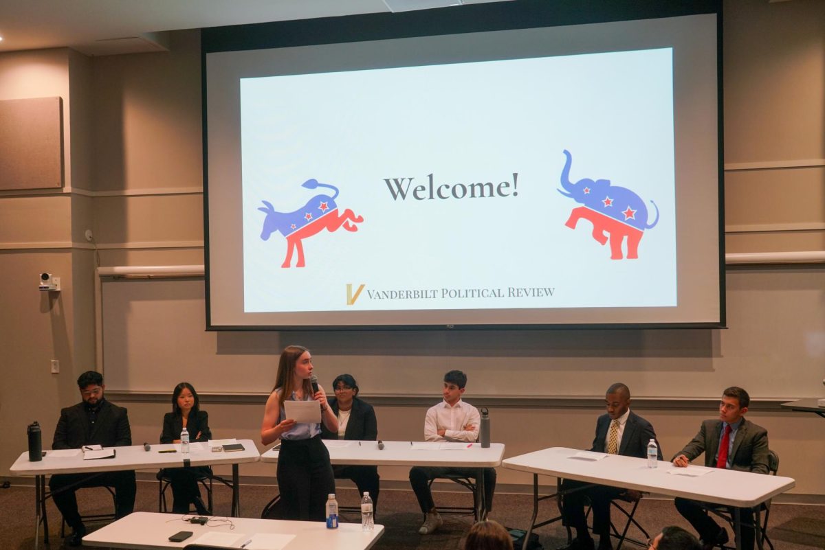 Speakers sit at Vanderbilt Political Review’s Jubilee-style debate, as photographed on Sept. 30, 2025. (Hustler Multimedia/Lucas Zhang) 
