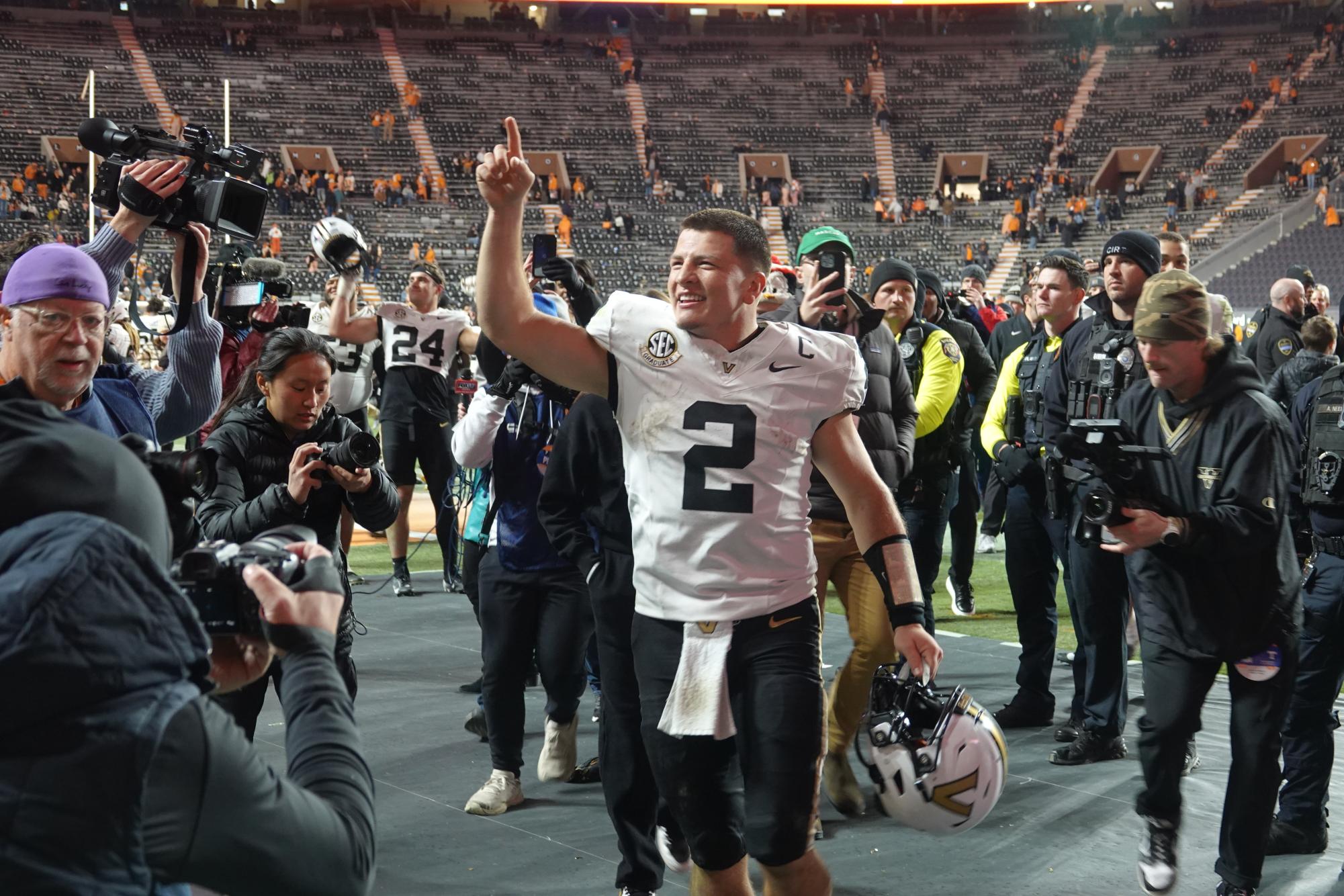 Diego Pavia stands on the field after Vanderbilt's win over Tennessee, as photographed on Nov. 29, 2025. (Hustler Multimedia/Jacob Stoebner)