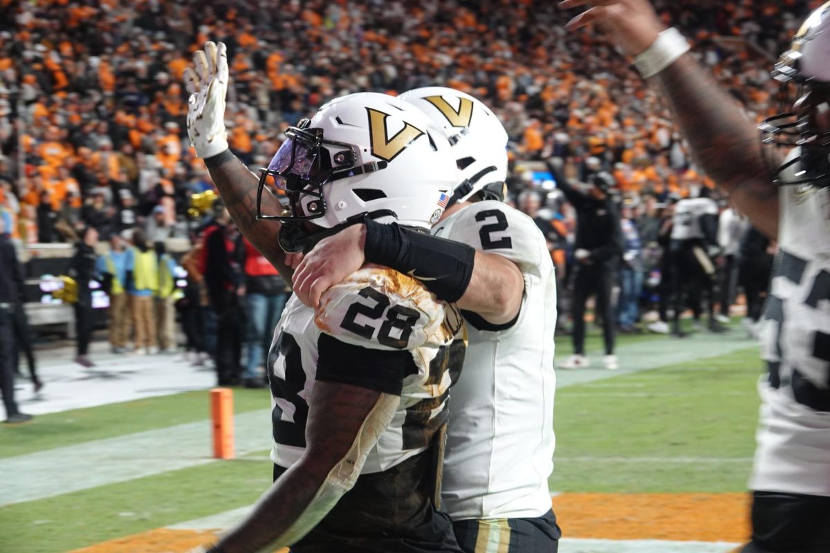 Vanderbilt celebrates in the end zone, as photographed on Nov. 29, 2025. (Hustler Multimedia/Andrew Lopez-Couto)